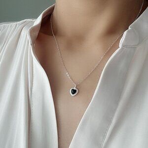 Adjustable Sterling Silver Necklaces With Black Agate Heart Pendant